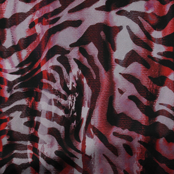 Tissu satin de soie noir imprimé zébré rouge et noir - Made in Italy