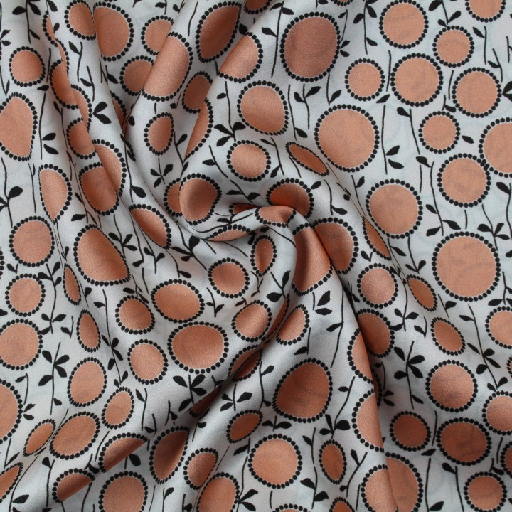 Tissu satin de soie écru imprimé rond abricot - Made in Italy