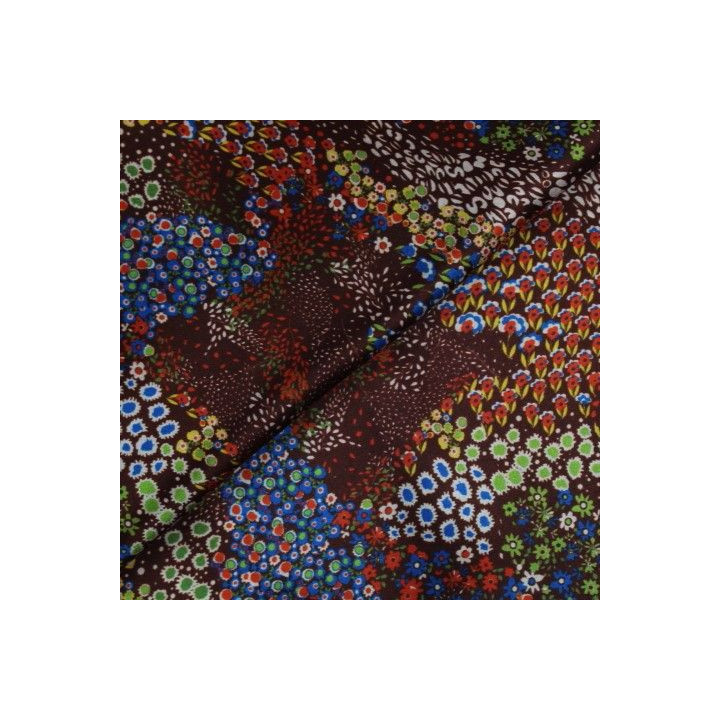 Tissu satin de soie marron imprimé fleuri - Made in Italy