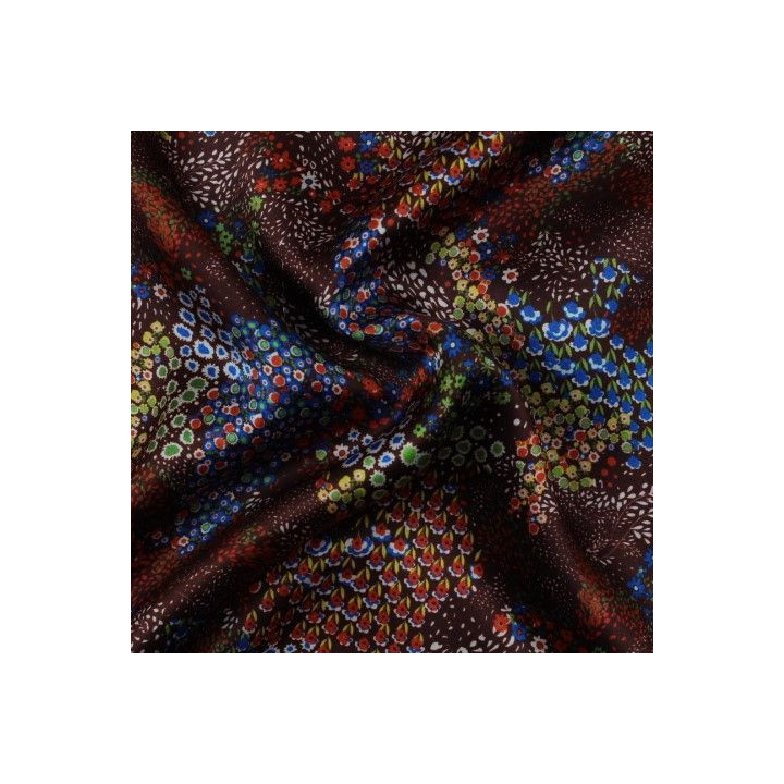 Tissu satin de soie marron imprimé fleuri - Made in Italy