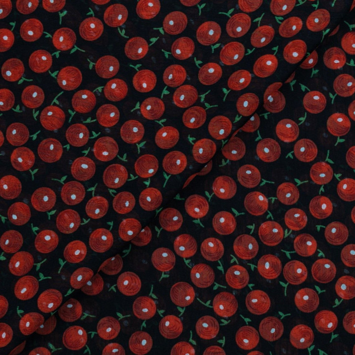 Tissus mousseline polyester noir imprimé fleurs rouge