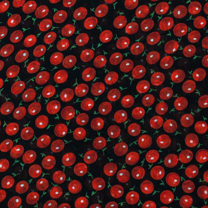 Tissus mousseline polyester noir imprimé fleurs rouge