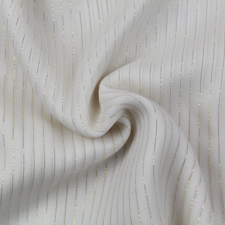 Tissu mousseline de soie blanc imprimé rayures liseré doré