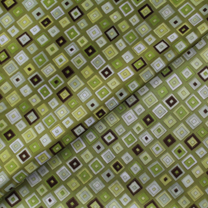Tissu satin de soie vert olive imprimé géométrique - Made in Italy