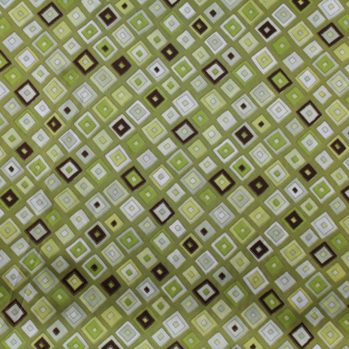 Tissu satin de soie vert olive imprimé géométrique - Made in Italy