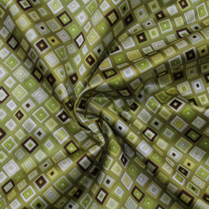 Tissu satin de soie vert olive imprimé géométrique - Made in Italy