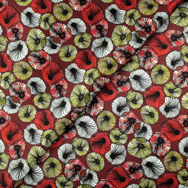 Tissu satin de soie bordeaux imprimé fleuri - Made in Italy