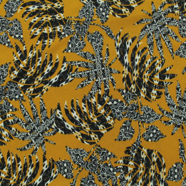 Tissu jersey polyester moutarde imprimé feuillage