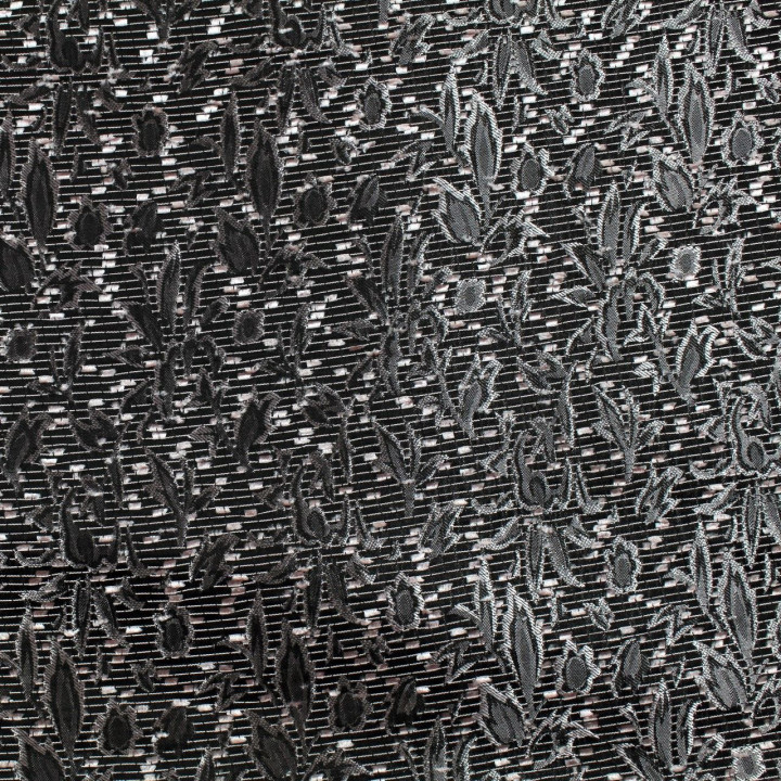 Tissus brocart noir imprimé fleuri rose