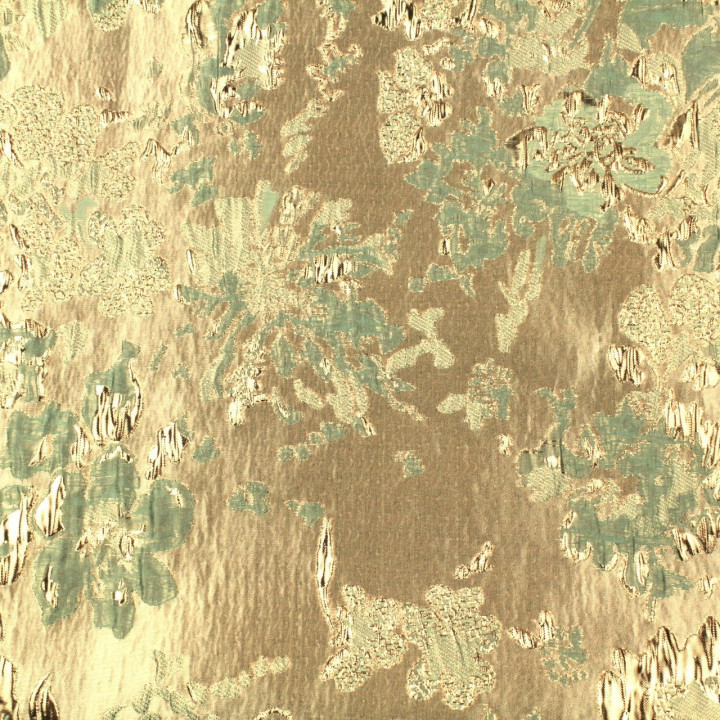 Tissu brocart motif fleur vert d'eau et or