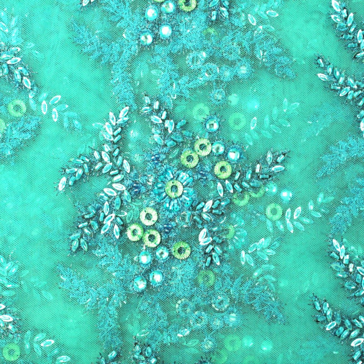 Tissus dentelle perlée fleuri bleu turquoise