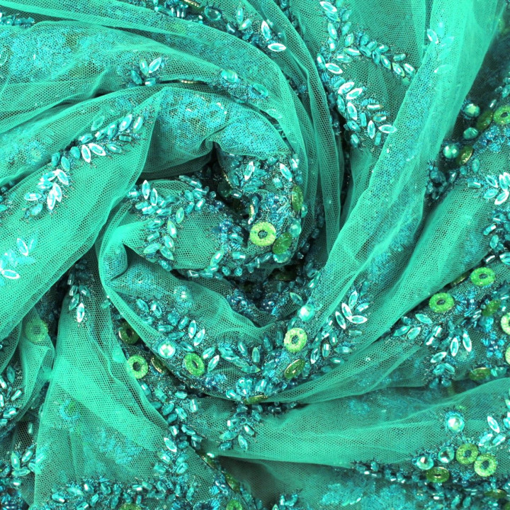 Tissus dentelle perlée fleuri bleu turquoise