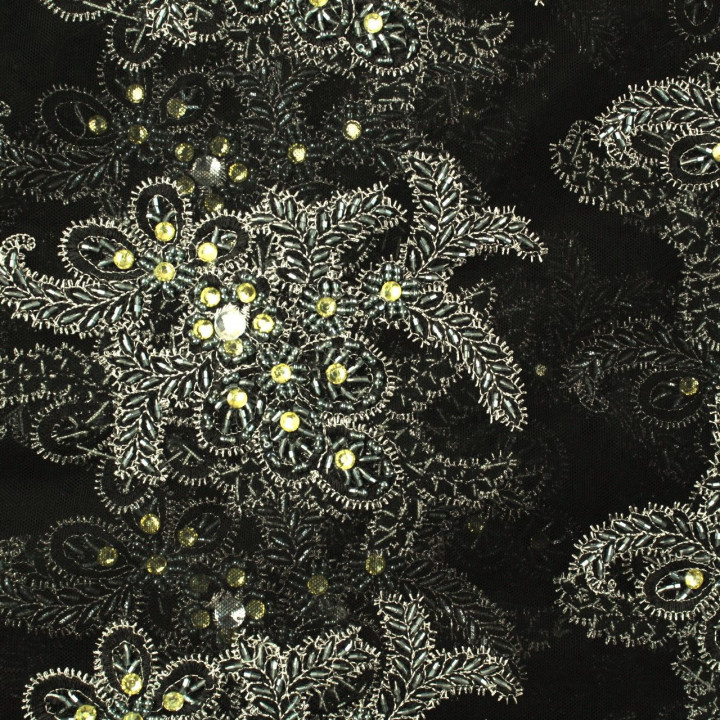 Tissus dentelle perlée fleuri noir et argent