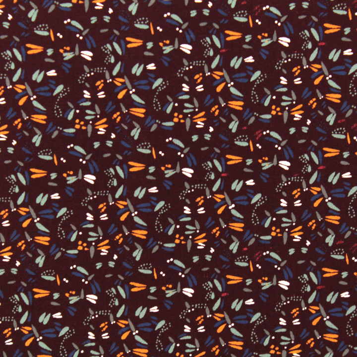 Tissu coton bordeaux imprimé libellule