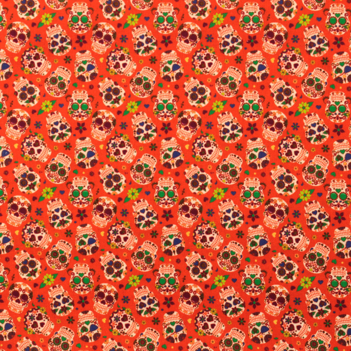 Tissu coton orange imprimé tête de mort fleuri mexicain