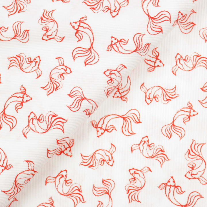 Tissu coton milleraie blanc imprimé poisson rouge