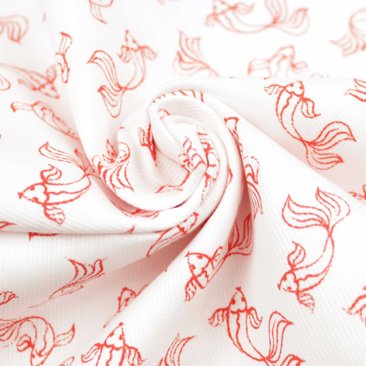 Tissu coton milleraie blanc imprimé poisson rouge