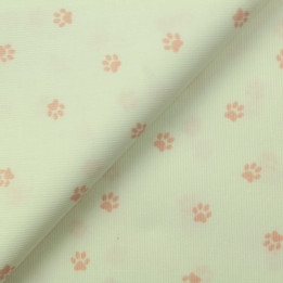 Tissu coton blanc milleraie imprimé pattes de chien rose