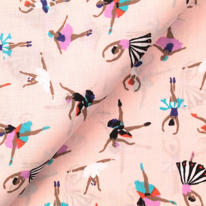 Tissu coton rose claire imprimé danseuses