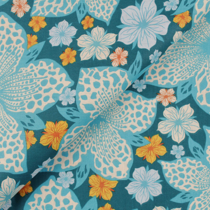 Tissu coton blanc imprimé tête de mort fleuri mexicain