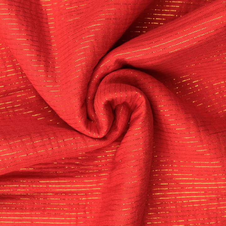 Tissu coton double gaze uni rose poudrée rayures or