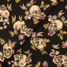 Tissu coton noir imprimé tête de mort fleuri mexicain | Moline