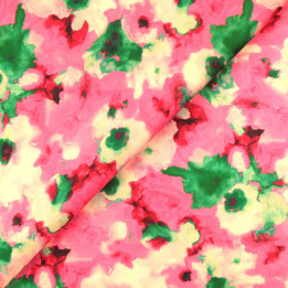 Tissu polyester viscose imprimé fleuri vert, rose et blanc | Moline