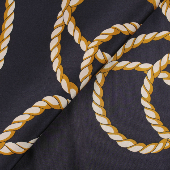 Tissus en satin bleu marine imprimé corde de marin