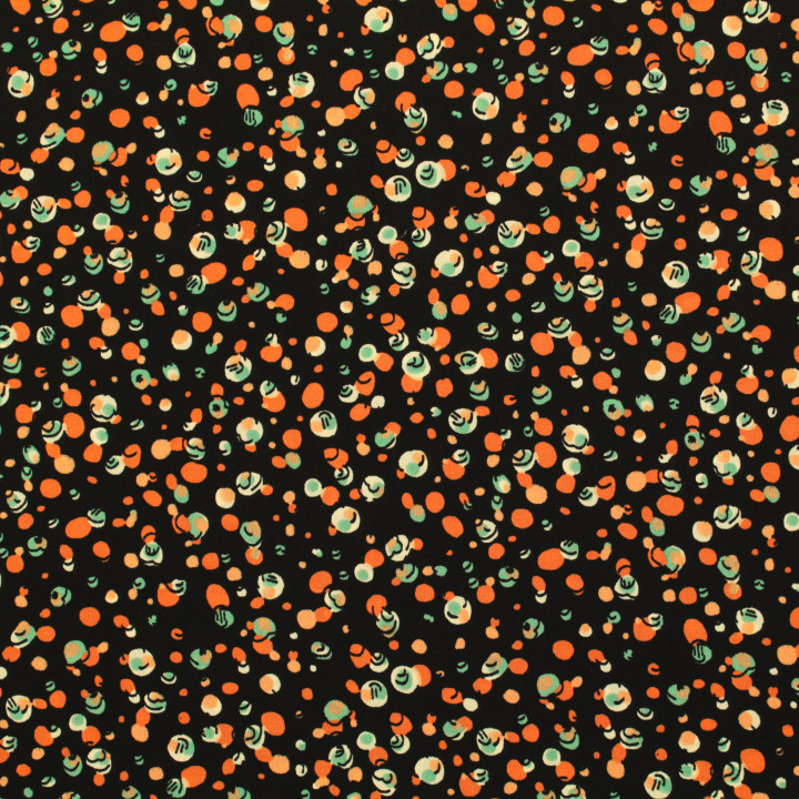 Tissu noir en viscose imprimé bulles orange, blanc et bleu