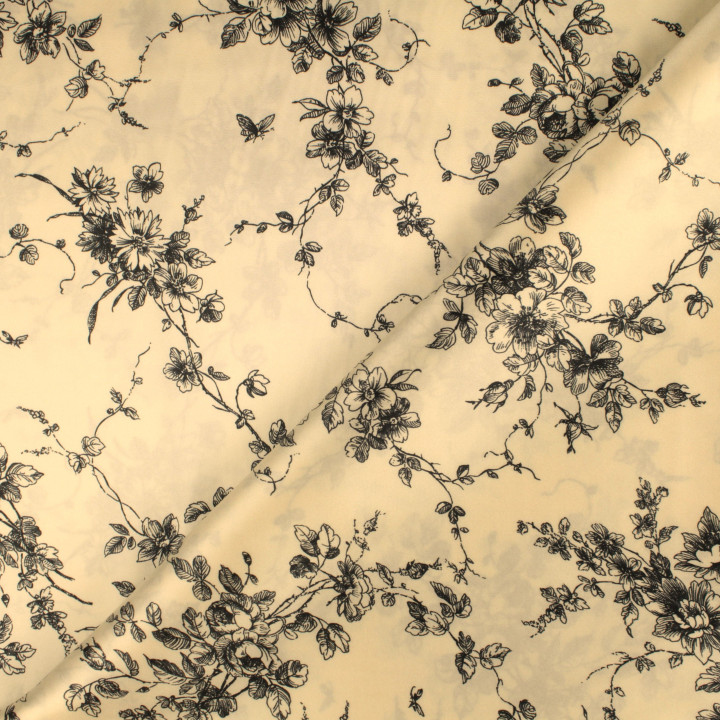 Tissu Satin Blanc à Impression Florale - Toucher Soie