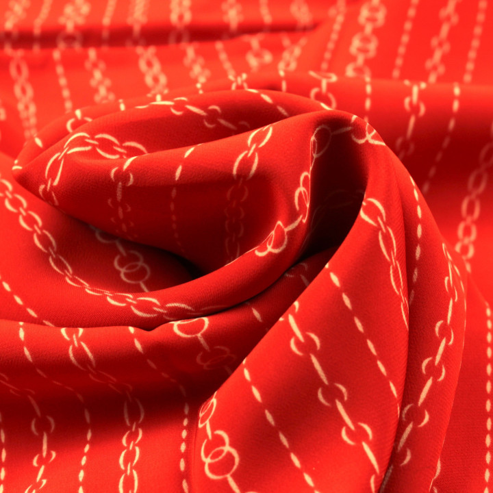 Tissu Satin Polyester Rouge à Impression Géométrique