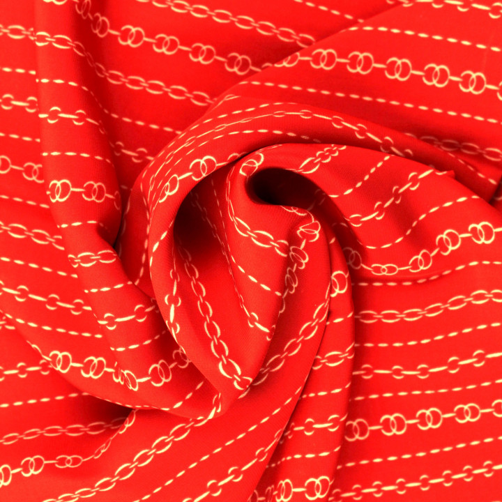 Tissu Satin Polyester Rouge à Impression Géométrique