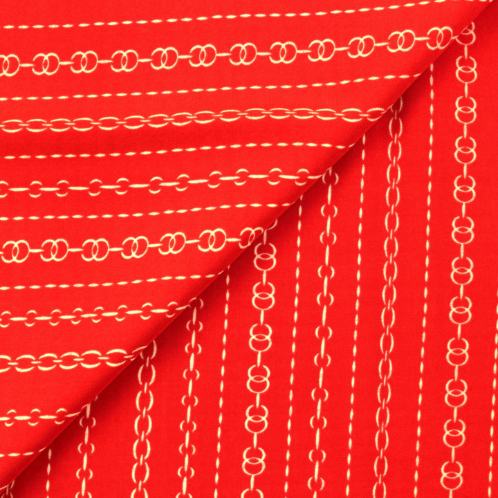 Tissu Satin Polyester Rouge à Impression Géométrique
