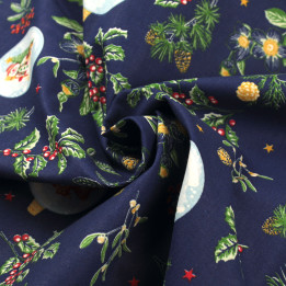 Tissu en coton bleu nuit imprimé boules de Noël - Parfait pour vos créations festives