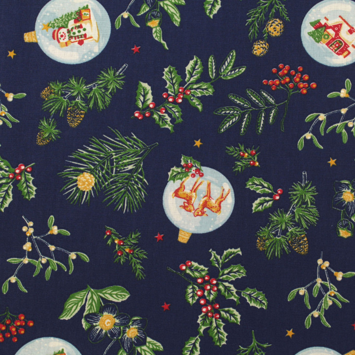 Tissu en coton bleu nuit imprimé boules de Noël - Parfait pour vos créations festives