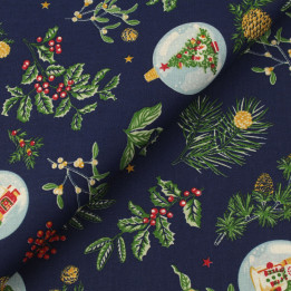 Tissu en coton bleu nuit imprimé boules de Noël - Parfait | Moline