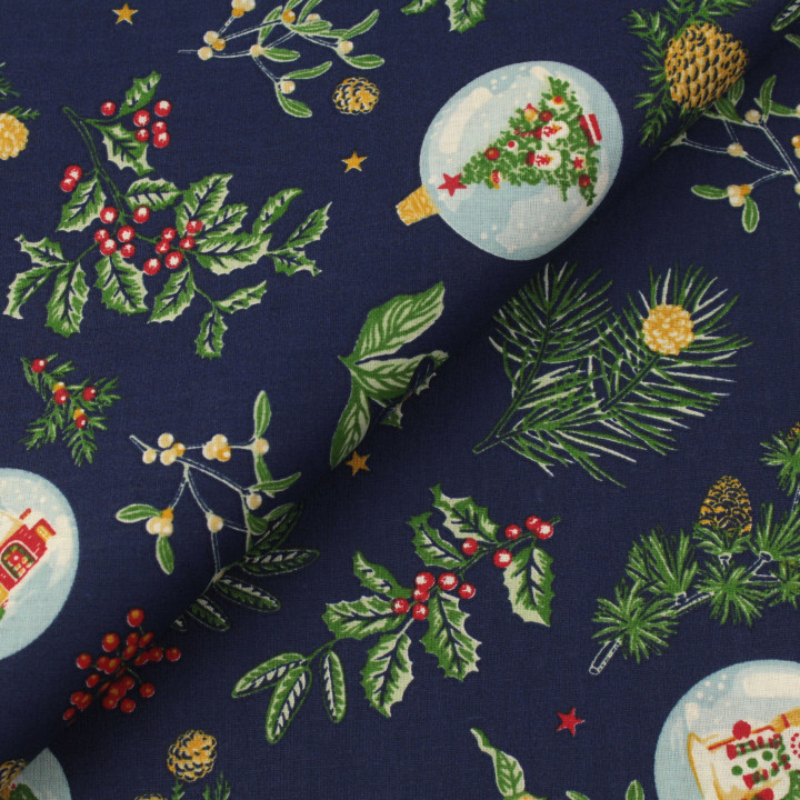 Tissu en coton bleu nuit imprimé boules de Noël - Parfait pour vos créations festives