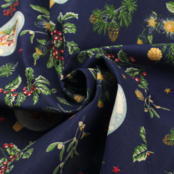 Tissu en coton bleu nuit imprimé boules de Noël - Parfait pour vos créations festives