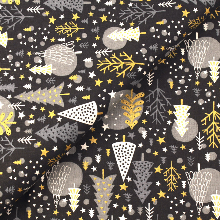 Tissu en coton noir nuit imprimé de boules de Noël - Parfait pour vos créations festives