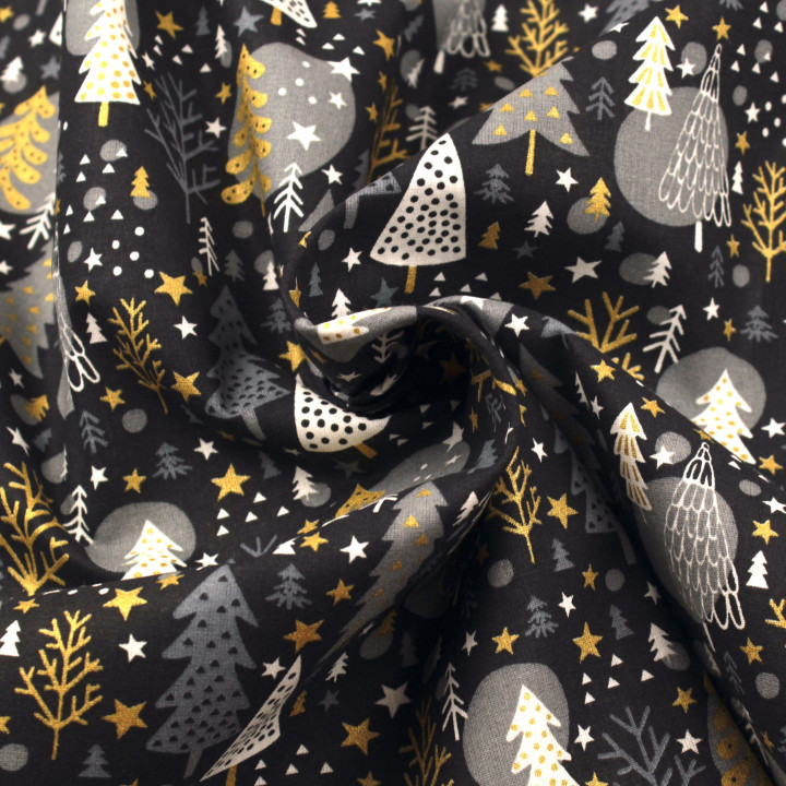 Tissu en coton noir nuit imprimé de boules de Noël - Parfait pour vos créations festives