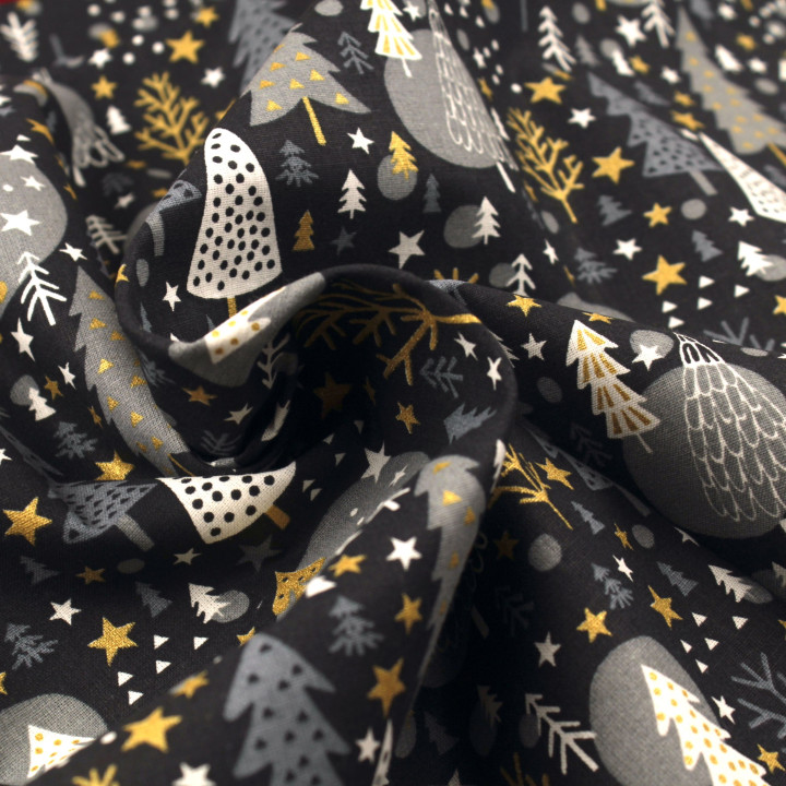 Tissu en coton noir nuit imprimé de boules de Noël - Parfait pour vos créations festives