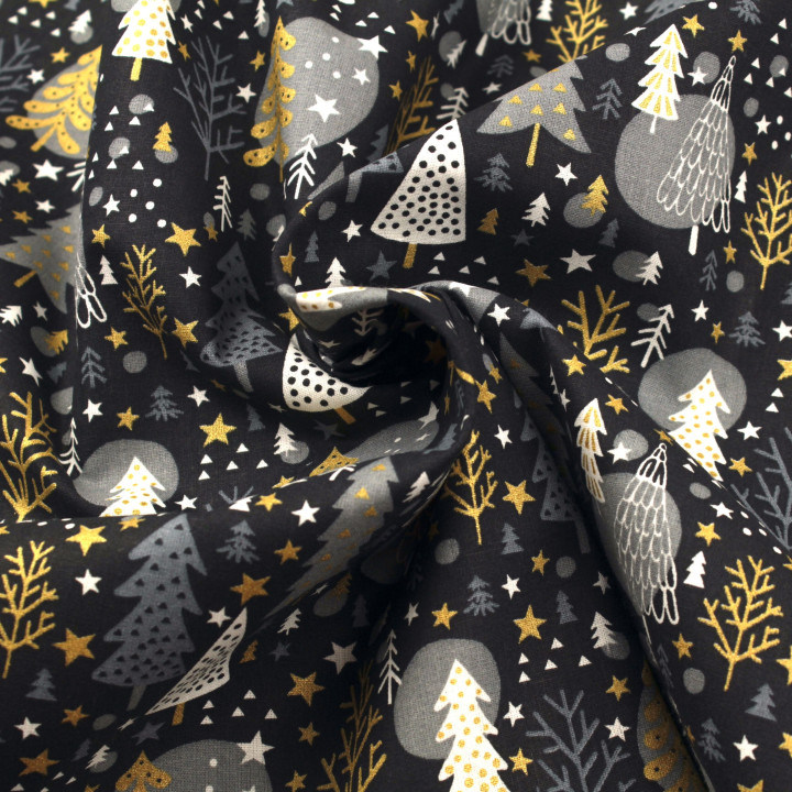 Tissu en coton noir nuit imprimé de boules de Noël - Parfait pour vos créations festives