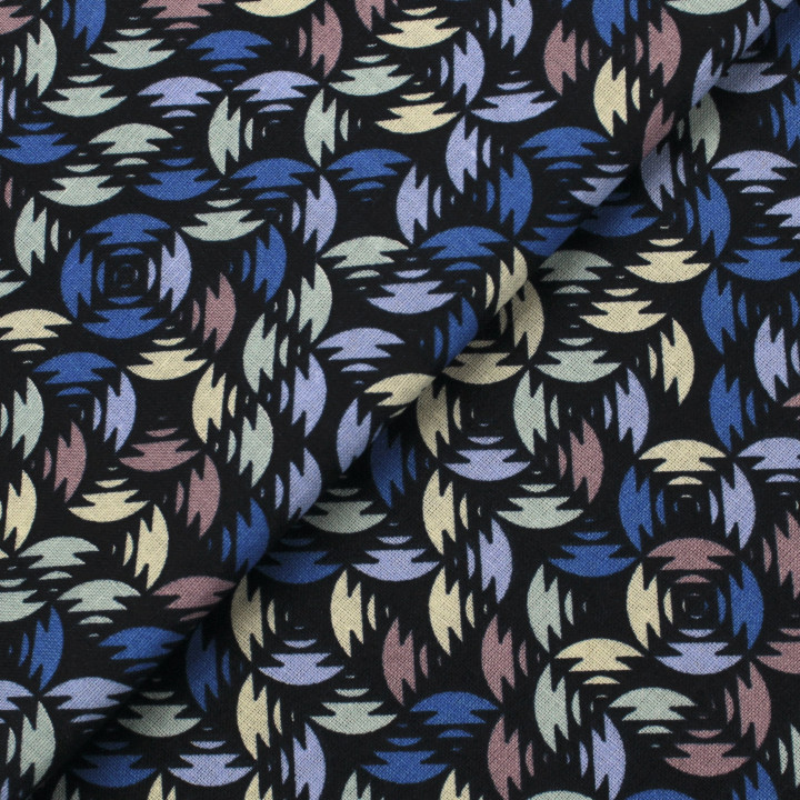 Tissu coton noir imprimé géométrique multicolore - Idéal pour habillement et couture au mètre
