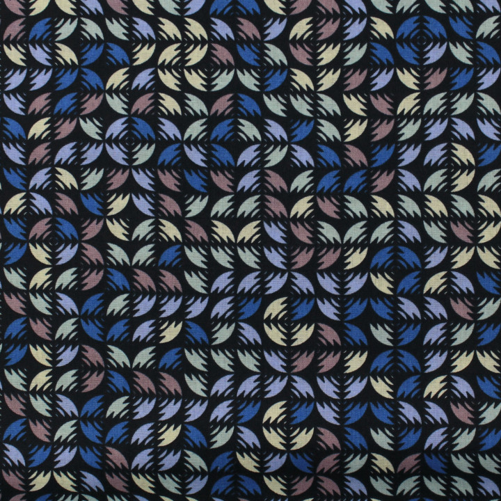 Tissu coton noir imprimé géométrique multicolore - Idéal pour habillement et couture au mètre