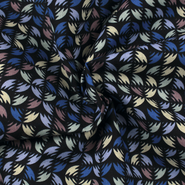 Tissu coton noir imprimé géométrique multicolore - Idéal pour habillement et couture au mètre
