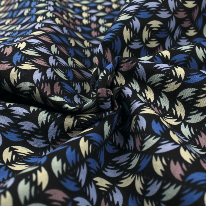 Tissu coton noir imprimé géométrique multicolore - Idéal pour habillement et couture au mètre
