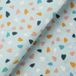 Tissu coton bleu claire imprimé cœurs - Idéal pour habillement et couture au mètre