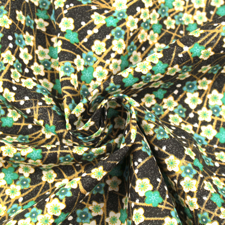 Tissu en Coton Noir à Imprimer avec Fleurs Turquoise, Blanches et Bleues