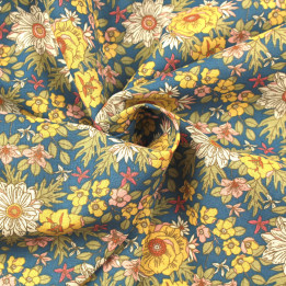 Tissu en Coton Bleu Roi avec Motifs de Fleurs Jaunes et Blanches