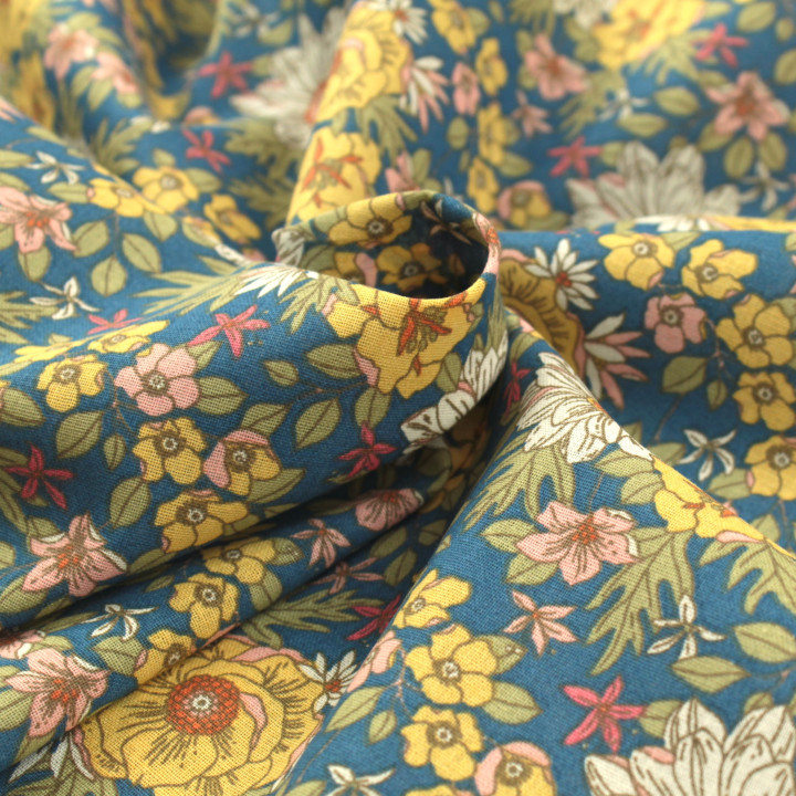 Tissu en Coton Bleu Roi avec Motifs de Fleurs Jaunes et Blanches